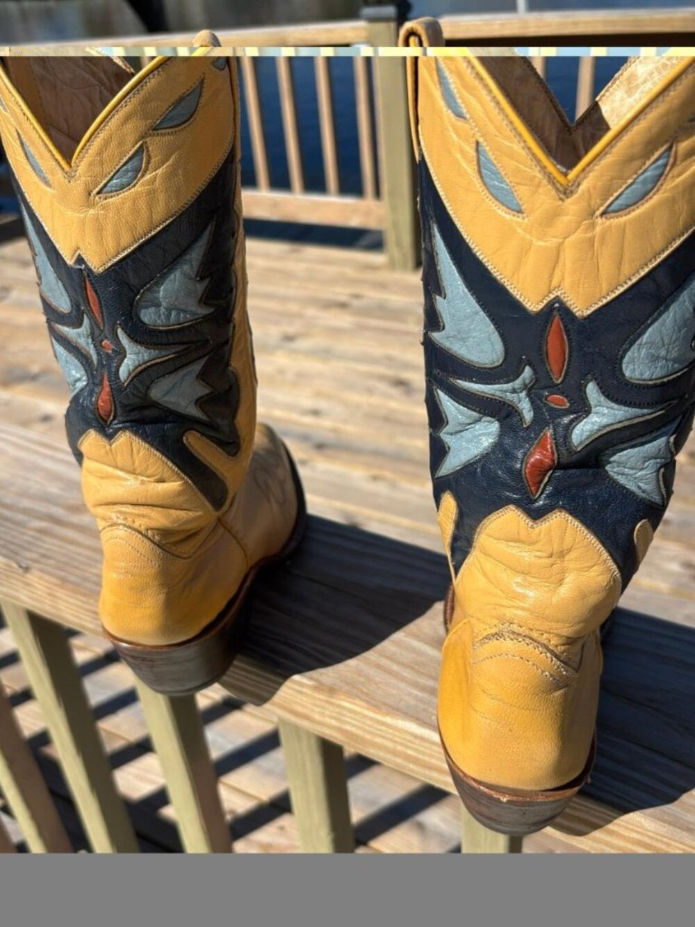 Yellow Leather Western Heeled Boots with Navy and Light Blue Accent - Picture 4 of 14